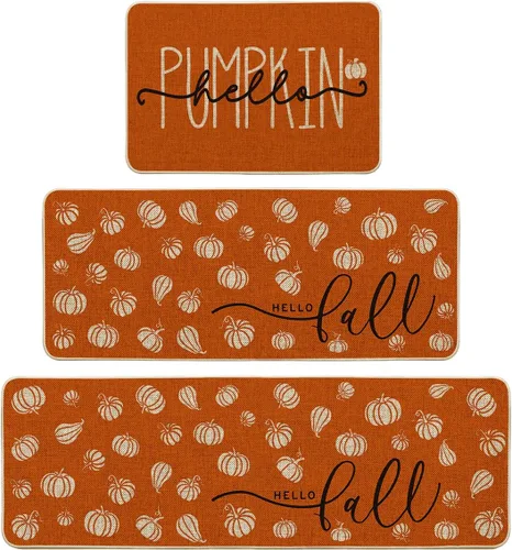 Miniatura 7 de Artoid Mode Juego de 3 tapetes de cocina naranja con texto en inglés "Hello Pumpkin", decoración otoñal para el hogar, alfombras de cocina de bajo