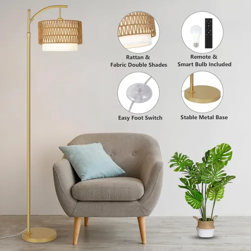 Miniatura 3 de Lámparas de pie doradas para sala de estar con control remoto y bombilla LED regulable, lámpara de pie de arco moderna con 3 temperaturas