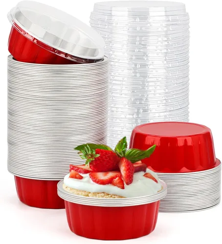 Miniatura 18 de Beasea Ramequines con tapas, 8oz 50 unidades de tazas de aluminio desechables para hornear, tazas de papel de aluminio plateado para creme brulee