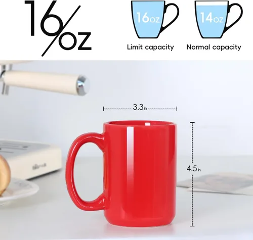Miniatura 3 de Tazas de café de porcelana de 16 onzas, taza clásica de cerámica en blanco con mango grande para té y café con leche, capuchino, juego de 4, rojo