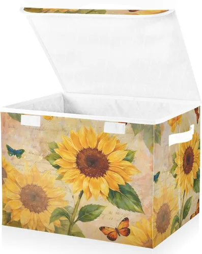 SUABO Contenedor de almacenamiento vintage de girasol y mariposa con tapa, cajas de almacenamiento grandes de tela Oxford, plegables para el hogar,