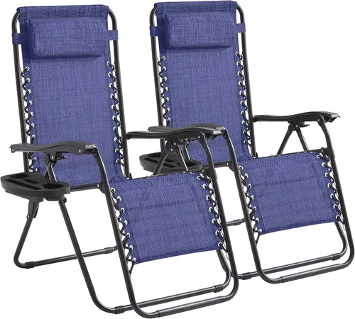 Miniatura 15 de Zero Gravity - Juego de 2 sillas reclinables plegables de gran tamaño, acolchadas antigravedad con almohada ajustable y portavasos para campamento