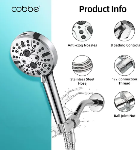 Miniatura 6 de Cobbe - Cabezal de ducha filtrado con mango, cabezal de ducha de alta presión con 9 modos de rociado con filtros, cabezal de ducha desmontable, Cromo