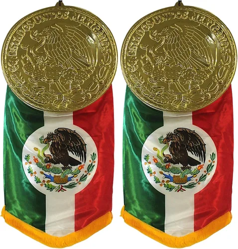 Bandera de Mexcio colgante extragrande con flecos y placa de Estados Unidos Mexicanos en tono dorado, suministros y decoraciones para fiesta de