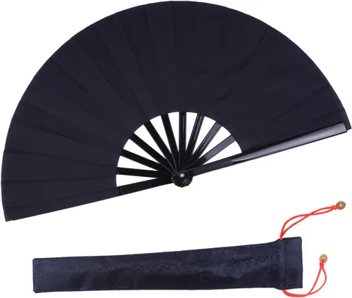 Miniatura 9 de Abanico grande plegable para hombres y mujeres, regalo de baile, tela de nailon de bambú, ventilador de mano negro de 13 pulgadas (bambú negro)