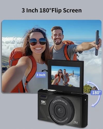 Miniatura 7 de Cámara digital 5K para fotografía con WiFi, cámara de vlogging Ultra HD de 75MP para YouTube con pantalla abatible de 180° de 3 pulgadas, cámaras