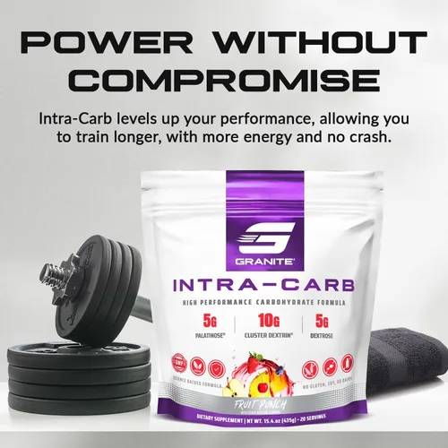 Miniatura 2 de Granite Intra Carb Powder, sabor a ponche de frutas, mezcla de carbohidratos de alto rendimiento con dextrina en racimo, palatinosa y dextrosa