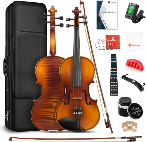 Miniatura 8 de Vangoa Kit de violín acústico 1/2, violín profesional de madera maciza, tapa de abeto, patrón único de madera de arce a juego, ajuste de ébano