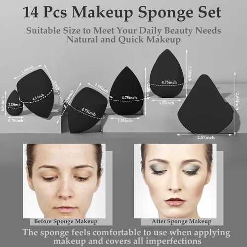 Miniatura 3 de Juego de 14 esponjas de maquillaje, mezclador de esponjas de belleza con 4 borlas de polvo y 4 mini esponjas de maquillaje para líquido, base, Negro