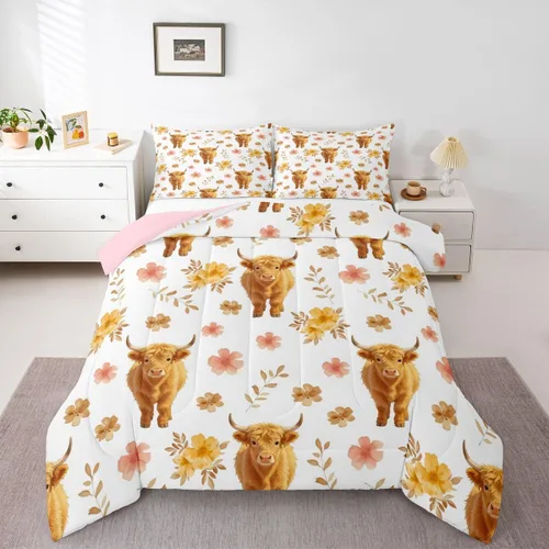 Miniatura 16 de Juego de ropa de cama de vaca de las tierras altas, edredón de ganado de las tierras altas, juego de edredón rosa floral de vaca occidental, juego