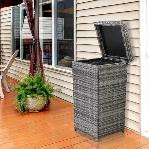 Miniatura 3 de Basurero grande de ratán de 27 galones con tapa y marco de hierro para patio trasero, terraza, cocina al aire libre Gris