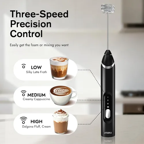 Miniatura 4 de RAFOW Espumador de leche eléctrico de mano: varita espumadora recargable con soporte, 3 velocidades y mezclador de bebidas desmontable de doble