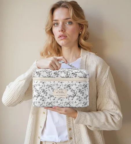 Miniatura 7 de HBselect Bolsa de Maquillaje Acolchada, Bolsa de Maquillaje Grande de Algodón para Viaje, Lindas Bolsas de Maquillaje con Flores Coquette, Bolsas