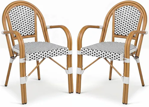 Miniatura 12 de Tangkula Juego de 2 sillas de bistró francesas para exteriores, sillas de mimbre de polietileno tejidas a mano con reposabrazos, sillones de comedor