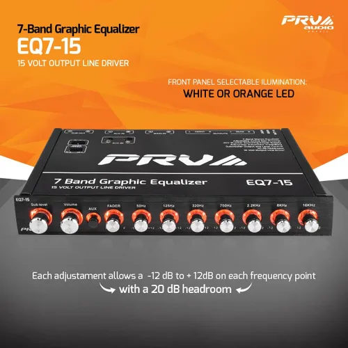 Miniatura 2 de PRV AUDIO EQ7-15 Ecualizador gráfico de 7 bandas Salida de nivel de línea RCA de 15 voltios con atenuador y control de nivel de subwoofer para audio
