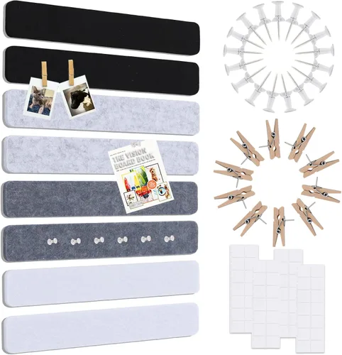 Miniatura 29 de Vuzvuv 8 tiras para tablón de anuncios con 50 chinchetas y 10 clips de madera, tablero de corcho autoadhesivo para pared, tablero de fieltro