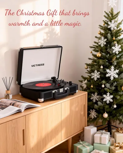 Miniatura 9 de Tocadiscos de vinilo con entrada y salida Bluetooth, tocadiscos portátil vintage de maleta, tocadiscos LP de 3 velocidades con conversión de vinilo