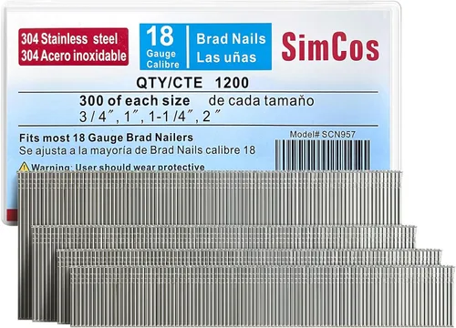 Miniatura 16 de Clavos Brad de Acero Inoxidable 304 Calibre 18 (1-1/4", 1", 3/4", 5/8 pulgadas) 2000 piezas Clavos 18 GA para Pistola de Clavos Surtidos y Clavos