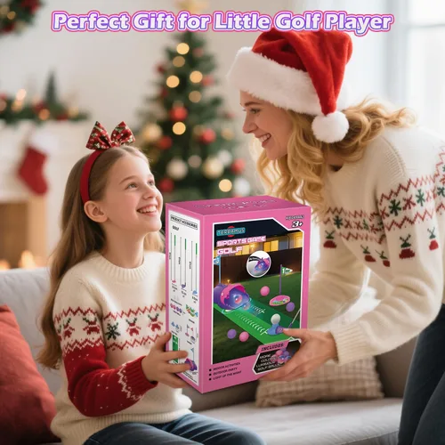 Miniatura 7 de TERRAMUS Juego de golf para niños con dinosaurio de retorno automático de golf, bolas de golf nocturnas con luz LED, 3 palos, alfombra de putt, 3-8