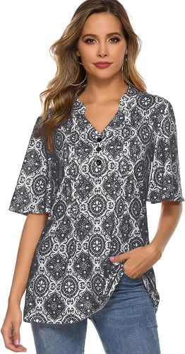 Miniatura 2 de HOCOSIT - Camiseta de manga corta con olanes y cuello en V con estampado de flores, plisada y abotonada, para mujer