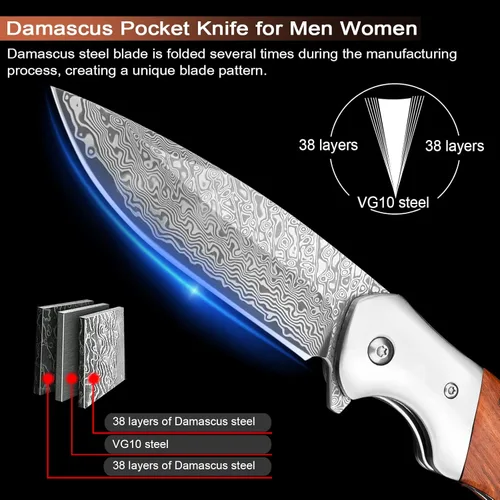 Miniatura 2 de KOMWERO Cuchillo de bolsillo de Damasco, cuchillo afilado de acero de damasco con núcleo VG10 de hoja de acero mango de madera, cuchillo plegable