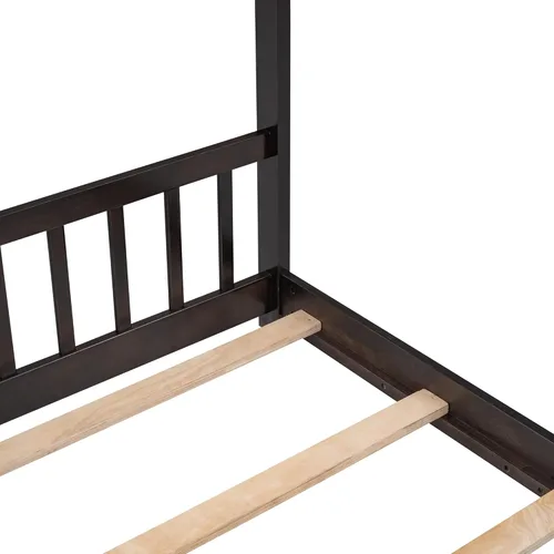 Miniatura 7 de P PURLOVE Cama de casa de tamaño matrimonial para niños, adolescentes, cama de piso para niños pequeños con techo y listones, cama de plataforma