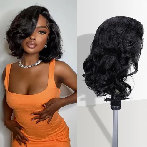 Miniatura 12 de Pelucas con camino en V ondulada de cabello humano virgen brasileño para mujeres negras; mejora de pelucas con camino en U, sin pegamento, con clip