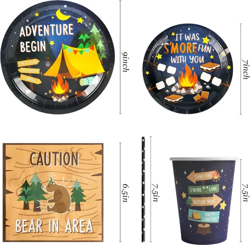 Miniatura 2 de Recheel Suministros para fiestas de camping y decoración, juego de platos y servilletas de papel con temática de fogata, caminata y campamento