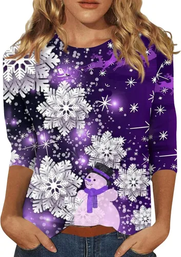 Christmas Top for Women Dressy 34 Sleeves Graphic Printed T-Shirt Snowflake Tee O-Neck Outdoor Tshirts Flowy Blouses