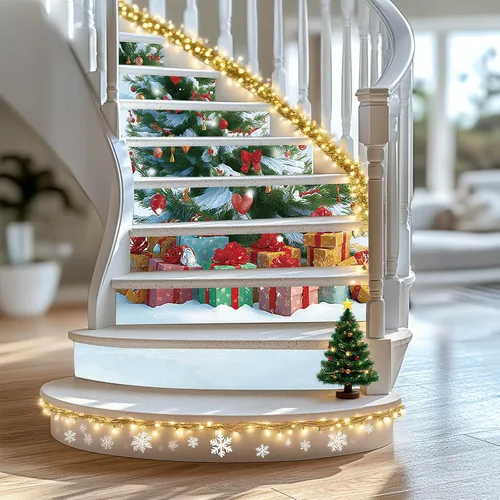 Miniatura 11 de PLIGREAT 15 tiras de calcomanías de Navidad para escaleras, despegar y pegar pájaros, árbol de Navidad, calcomanías para escalones de 7.1 x 39