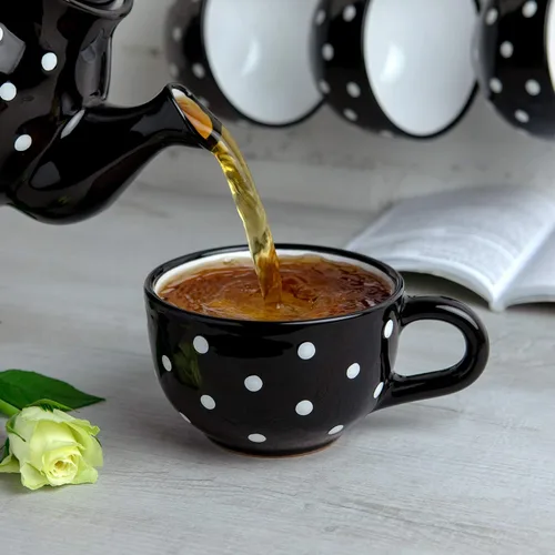 Miniatura 4 de City to Cottage Taza de cerámica hecha a mano con diseño de lunares blancos y negros, extra grande de 17.5 onzas, capuchino de cerámica, café, té