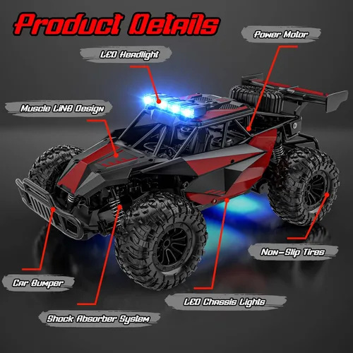 Miniatura 4 de BLUEJAY Coche de Control Remoto, Coches RC Juguetes de Alta Velocidad de 2.4GHz 33KM/H, Camión RC Monstruo Todoterreno a Escala 1:12 con Faros LED
