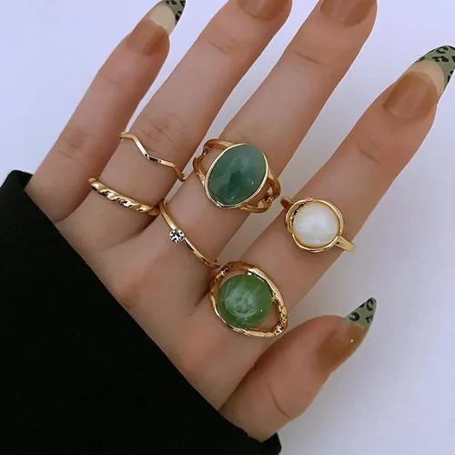 Miniatura 4 de Juego de 6 anillos de diamantes de imitación dorados y verdes para mujer, anillo de piedra preciosa natural, anillo de buena suerte, anillos verdes