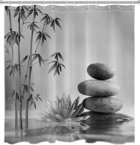 Miniatura 9 de LB Cortina de ducha de spa Zen azul y gris, piedra de bambú gris con flor de lirio de agua azul, cortina de ducha moderna para spa, decoración