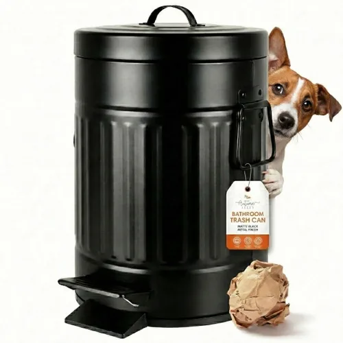 Autumn Alley Cubo de Basura Pequeño Estilo Granja para Baño, Cubo de Basura Negro Mate a Prueba de Mascotas con Tapa para Baño Rústico, Cubo de