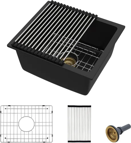 Miniatura 19 de Fregadero de preparación de barra de montaje inferior de 12 x 16 pulgadas, color negro mate, compuesto de cuarzo, clásico bajo encimera, lavabo