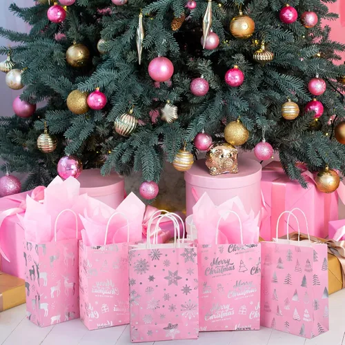 Miniatura 5 de Pasimy 24 bolsas de regalo de Navidad rosadas con papel de seda, bolsa de papel de dulces de Navidad rosa con lámina metálica plateada de copo