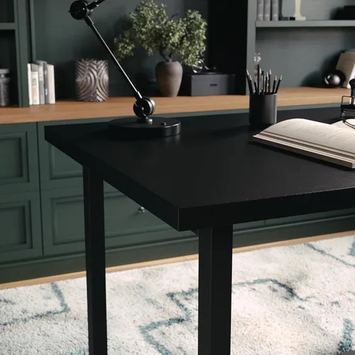 Miniatura 6 de Martha Stewart Beckett - Escritorio de caballete moderno con estantes laterales abiertos en acabado de grano de madera negra