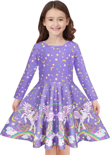 Vestido Quedoris de unicornio para niña, vestido con vuelo para fiesta, estilo casual, con estampado, para niñas de 2 a 10 años