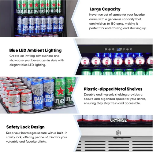 Miniatura 6 de ORYMUSE Refrigerador de bebidas de 24 pulgadas, enfriador de bebidas para 180 latas debajo del mostrador con puerta de vidrio y cerradura, mini