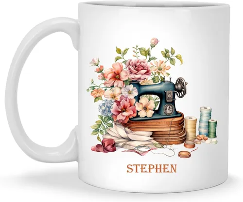 Miniatura 11 de Taza de café personalizada de pila de tela e hilos, Taza de máquina de coser, Taza de cerámica con nombre personalizado Regalos para amantes