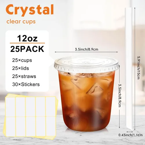 Miniatura 3 de Ziliny 25 juegos de vasos de plástico transparente con tapas, pajitas y pegatinas, vasos desechables de PET engrosado para café helado, té