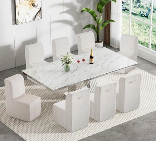 Miniatura 11 de Juego de mesa de comedor de mármol sintético blanco para 10, juego de mesa de comedor extensible de 11 piezas de 63 a 94 pulgadas con 10 sillas