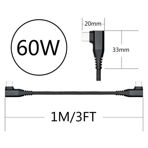 Miniatura 7 de Cable USB C a USB C en ángulo recto de 3.3 ft/3 pies, 90 grados, 60 W, PD tipo C, cable trenzado de nailon de carga rápida y transmisión de datos