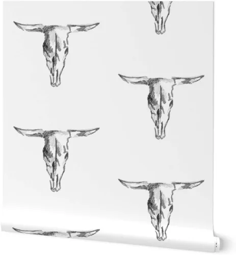 Papel tapiz para despegar y pegar, diseño de vaca cráneo de toro, blanco y negro, vaquero occidental, rústico, extraíble, por Spoonflower