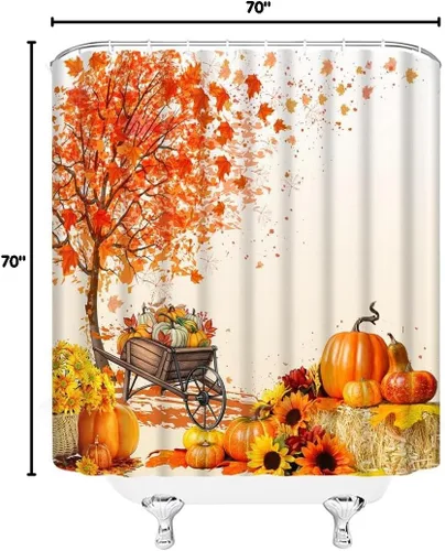 Miniatura 4 de Cortina de ducha de otoño, hojas de arce, calabaza, cosecha de girasol, granja, tela, juego de decoración de baño con gancho