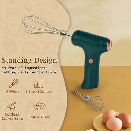 Miniatura 2 de Batidora de mano inalámbrica, batidor eléctrico de mano con 3 modos de velocidad, batidor de huevos de mano con 2 batidores desmontables (verde)