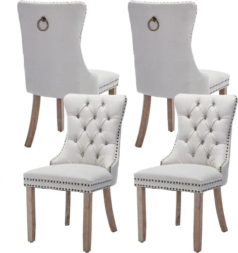 Miniatura 32 de Juego de 4 sillas de comedor de terciopelo, sillas de comedor tapizadas con ribete de cabeza de clavo, patas de madera, anillo de tracción, sillas