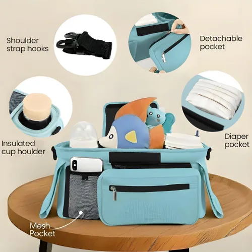Miniatura 3 de Organizador de cochecito con portavasos aislados, organizador universal azul para cochecito de bebé con bolsillo desmontable para teléfono