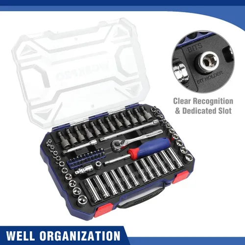 Miniatura 8 de WORKPRO W003068A - Juego de 70 llaves de vaso de 1/4 pulgadas con trinquete de liberación rápida, métrico y SAE para reparación de automóviles